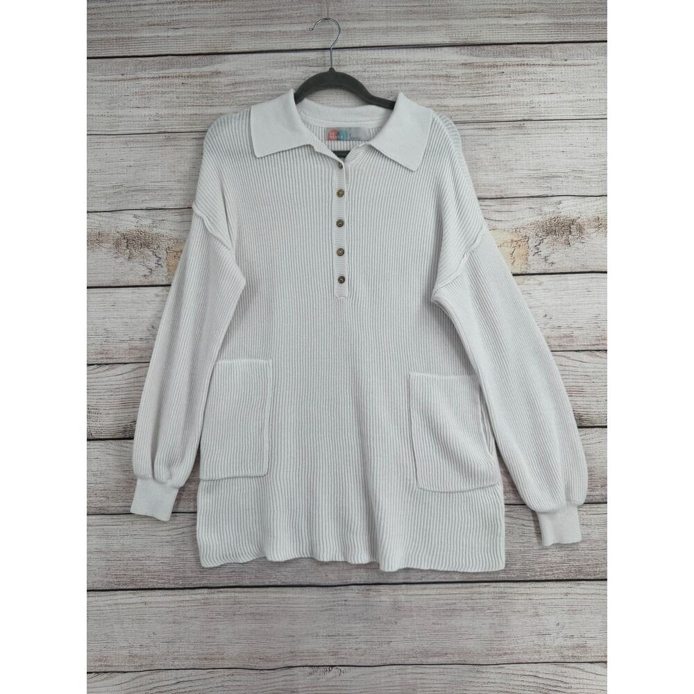 Free People FP Beach‎ Rib Knit 1/2 Button Sweater Womens Small White